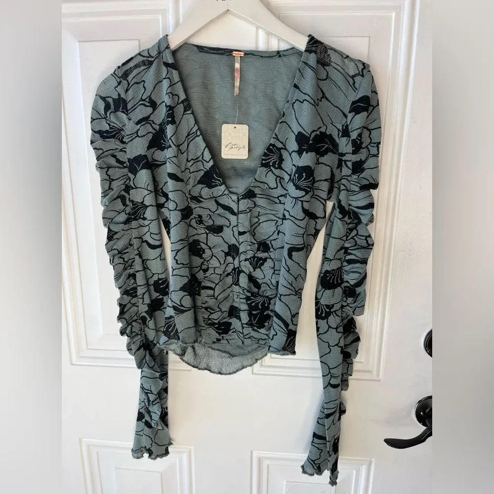 Nwt Free People Through the Meadow Ruched Mesh Top Steel Blue Long Sleeve